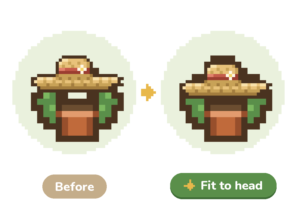 The same pixel plant twice. On the left, its hat floats above the leaves. On the right, after Fit to head, the hat sits snugly on its head.