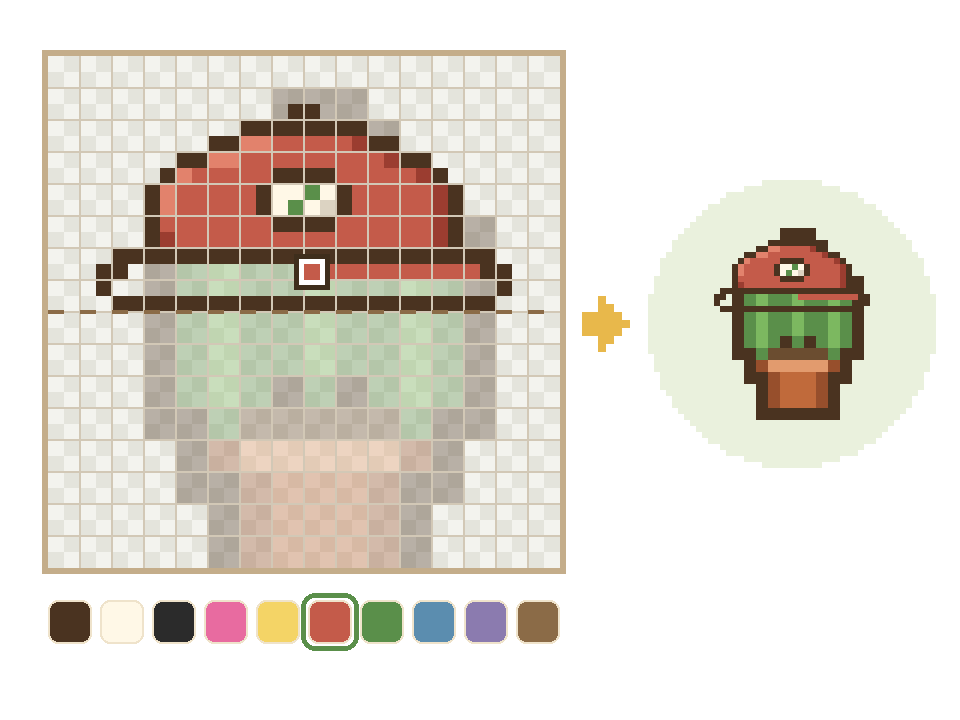 The Hat Studio canvas with a red cap half drawn over a faint snake plant, a row of color swatches below it, and a preview of the cap on the plant.