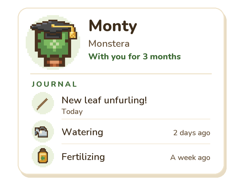 A plant page for Monty the monstera, wearing a Scholar Cap and “With you for 3 months”, with a journal below: the note “New leaf unfurling!” from today, then watering and fertilizing.